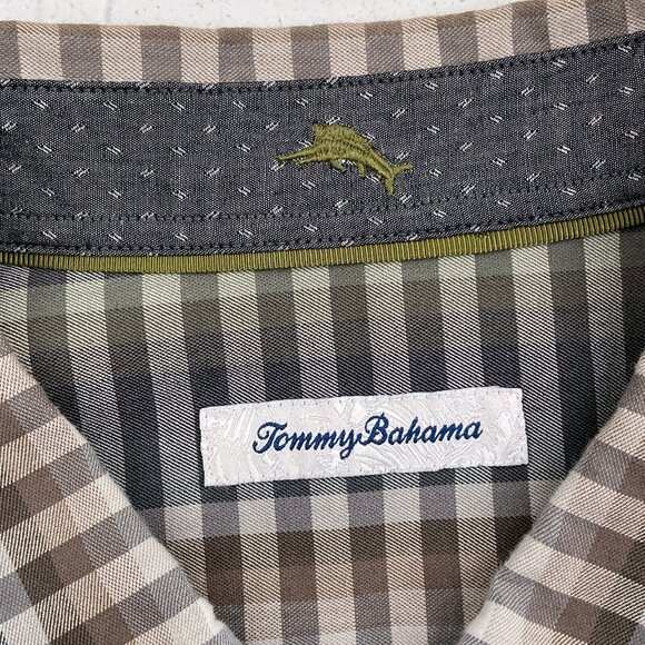 Tommy Bahama Shirt Mens 2XL Brown Gray Check Geometric Stripe Cotton Silk - Picture 3 of 10